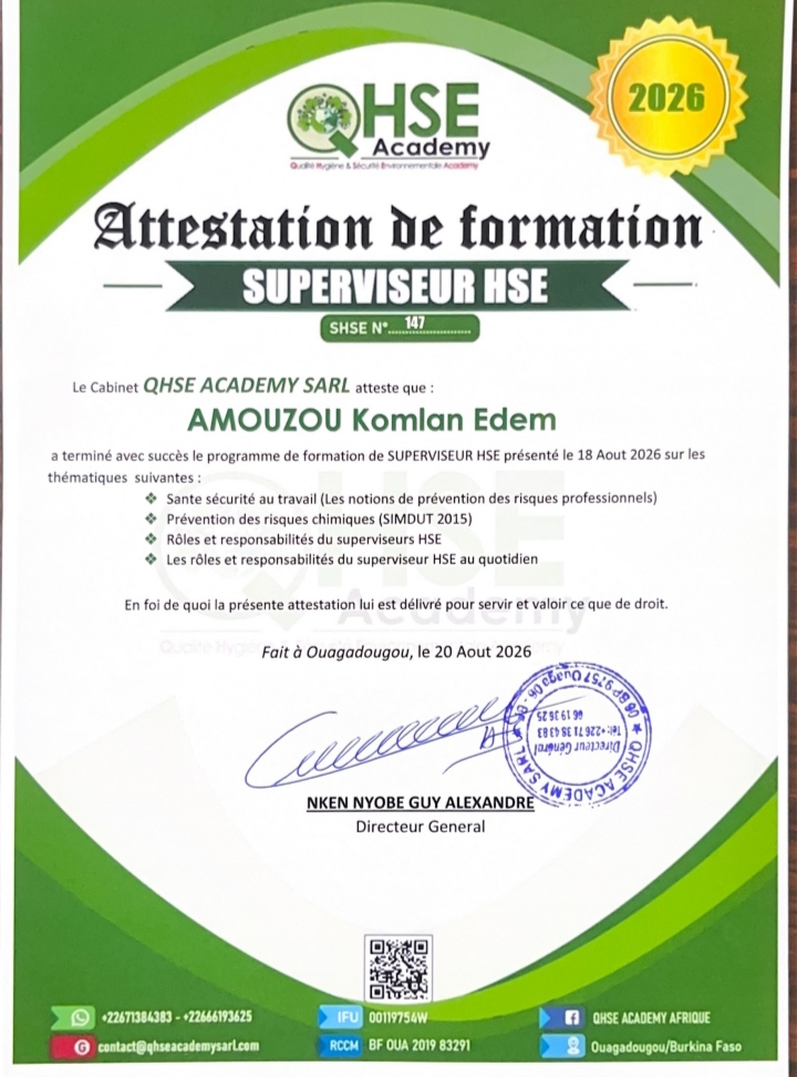 Attestation de Formation Superviseur HSE — AMOUZOU Komlan Edem