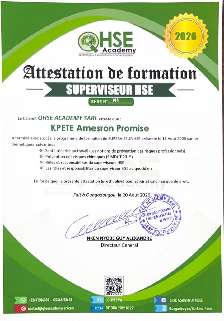 Attestation de Formation Superviseur HSE — KPETE Amesron Promise
