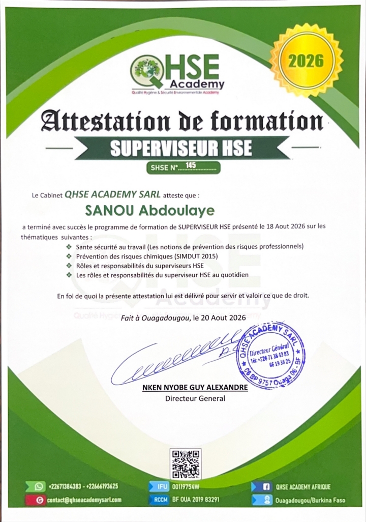 Attestation de Formation Superviseur HSE — SANOU Abdoulaye