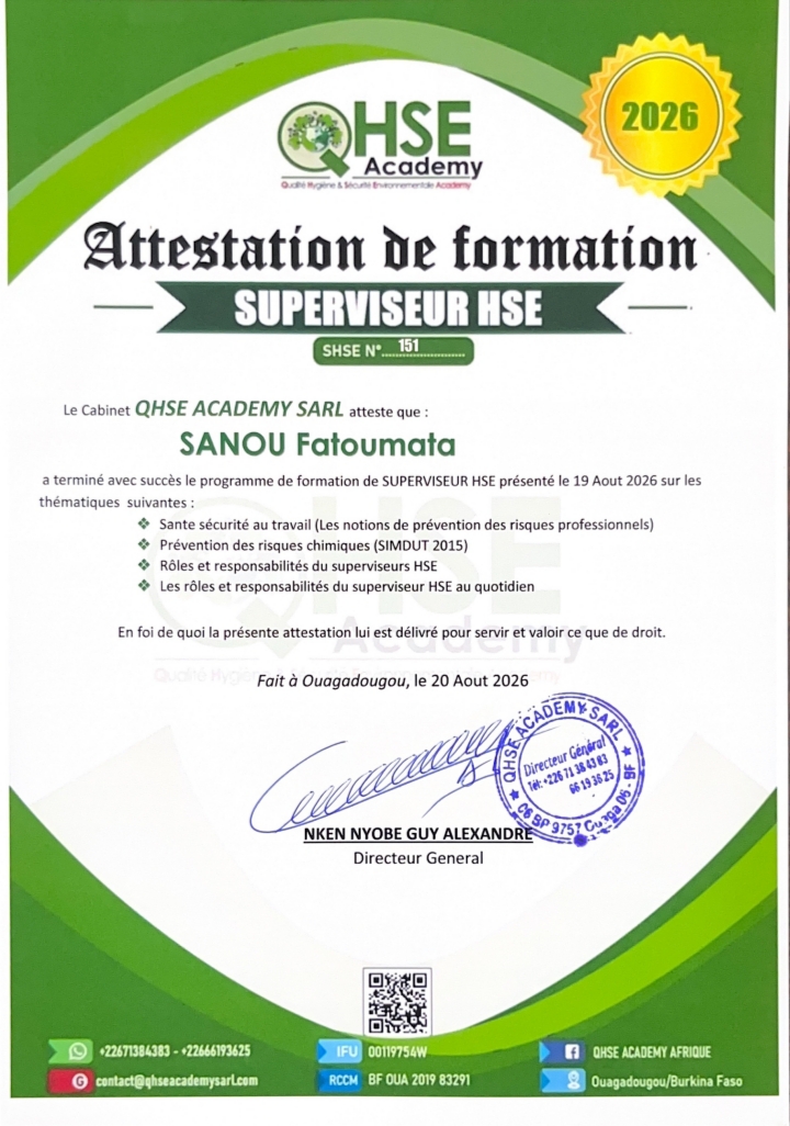 Attestation de Formation Superviseur HSE — SANOU Fatoumata